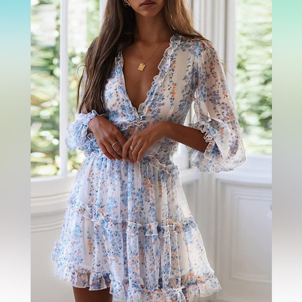 Long Sleeve Floral Deep V Neck Ruffle Layer Swing Dress